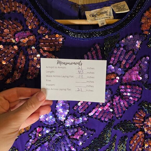 OLEG CASSINI Silk Sequin Beaded Dress Size 18 Purple Floral Formal 100% Silk - Picture 9 of 13